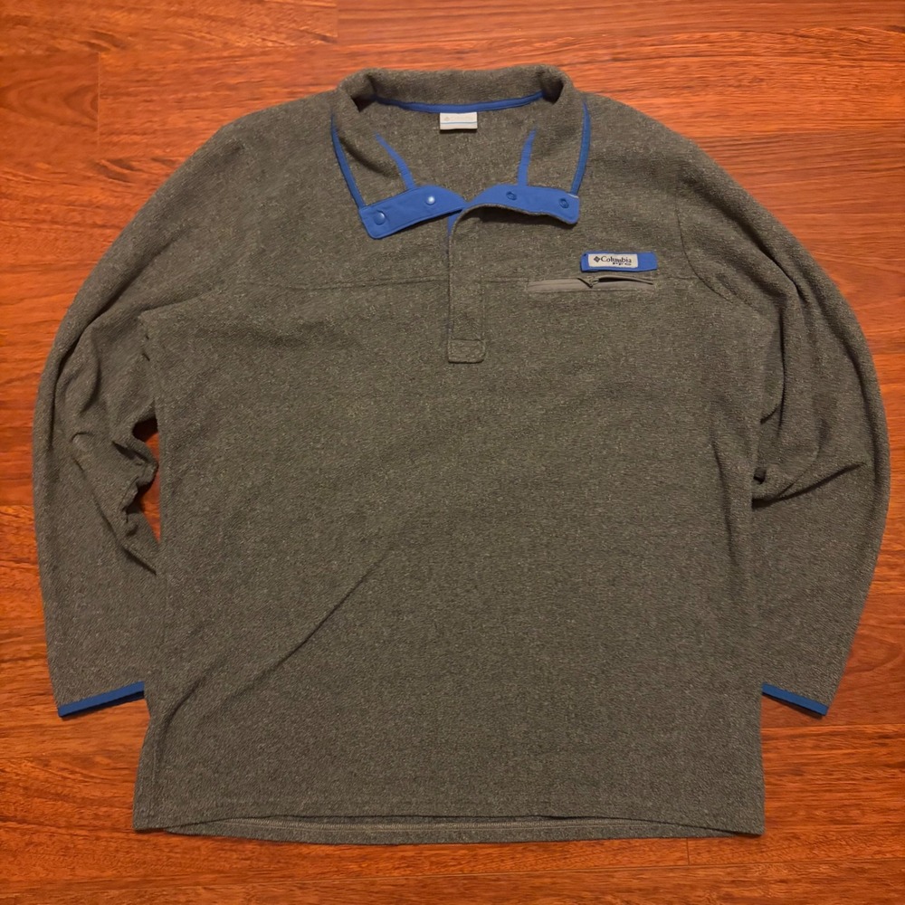 Columbia PFG Mens XL Fleece Pullover Snap Neck Gray Blue Trim Fishing Sweater